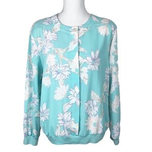 Devon Blouse Women 16 Green Floral All Over Print Pullover Long Sleeve Vintage w